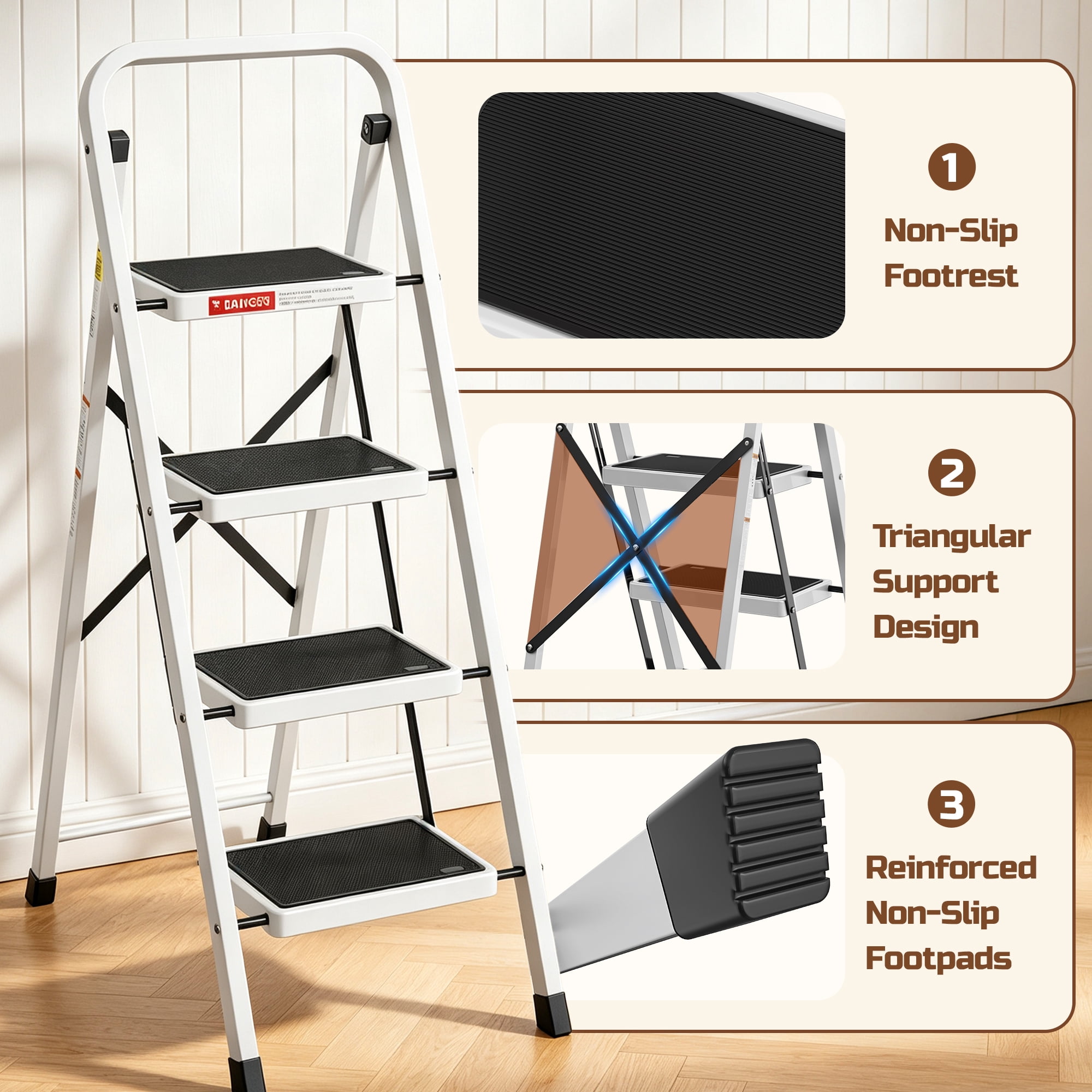 LevLad 4 Step Folding Ladder, Lightweight Portable Step Stool, 330 Lbs Capacity, White