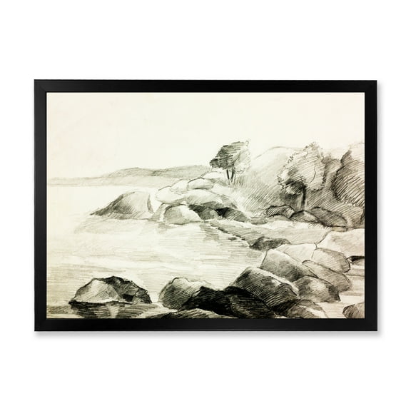 Designart 'Black and White Lake Shore' Nautical & Coastal Framed Art Print