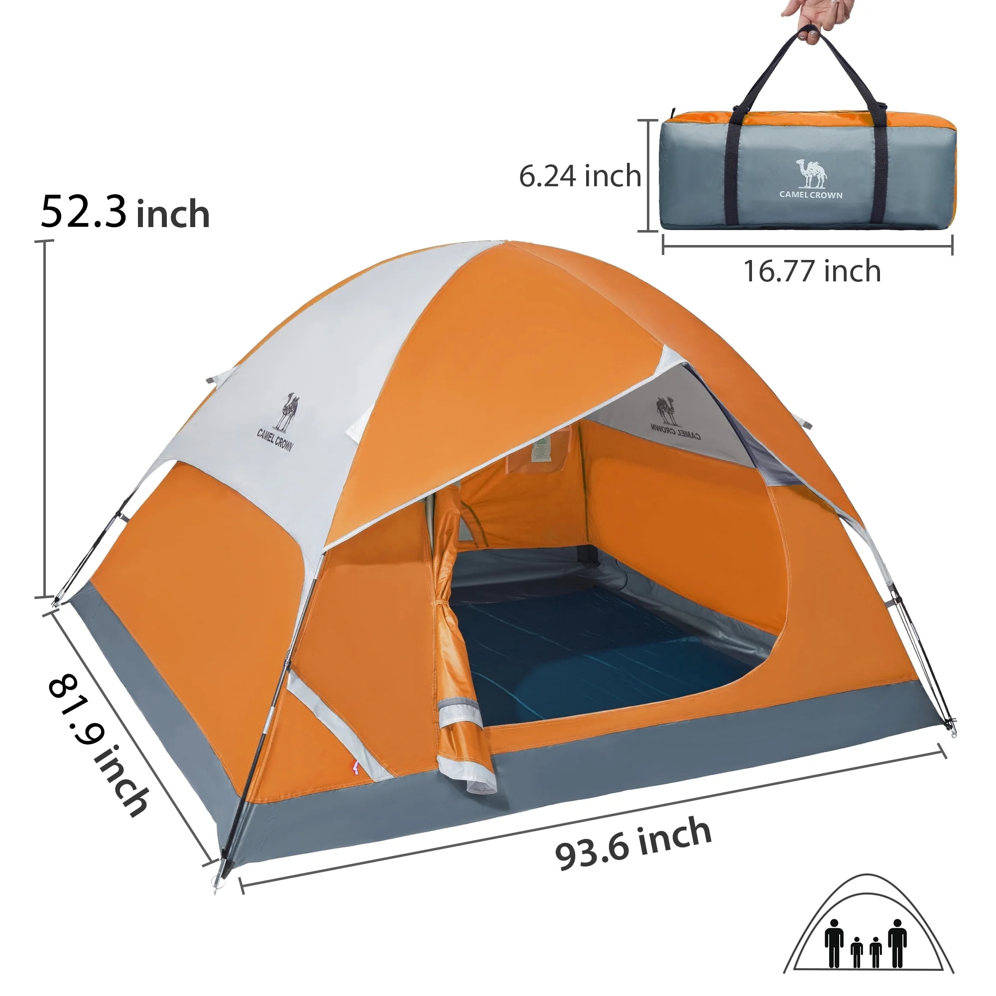 Camel Crown 3-4 Person Dome Tent Waterproof Camping Tents Outdoor Travel Backpacking Tent,Orange Gray