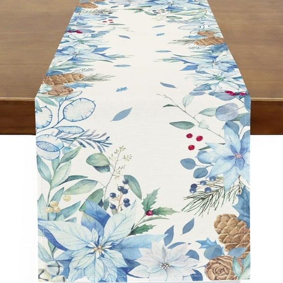 Winter Blue Poinsettia Table Runner Christmas Floral Berries Table Runners Kitchen Dinning Xmas Table Decoration for Holiday Farmhouse Rustic Home Party Indoor Outdoor 13x72 Inch