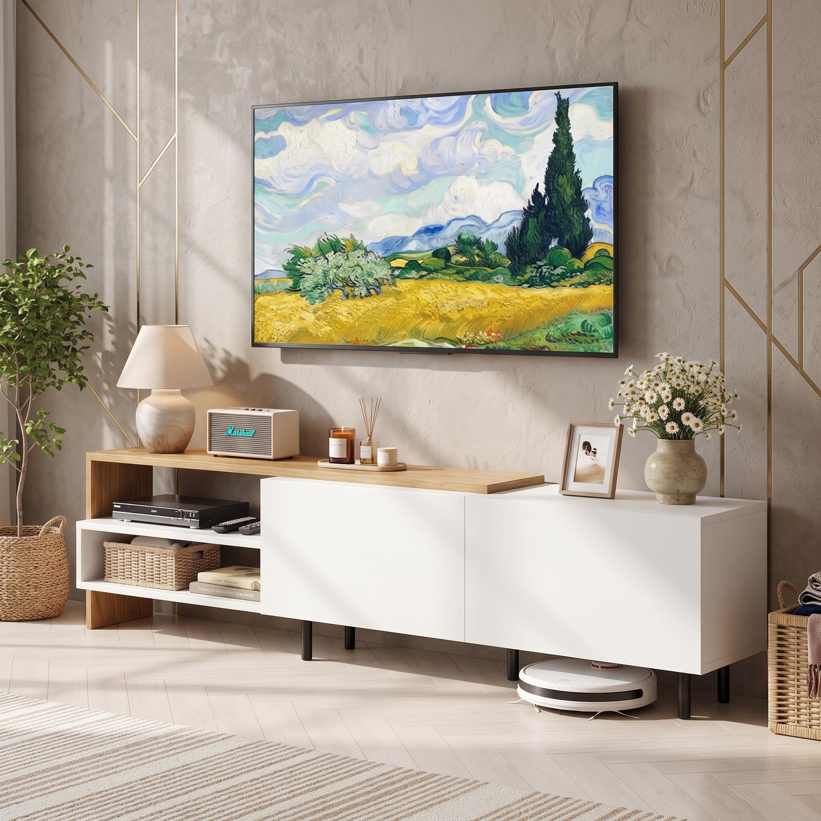 Furnibear Modern TV Stand for TVs up to 80 Inches, Wood Entertainment Center Media Console with 2 Storage Cabinets and Open Shelves for Living Room, White & Natural
