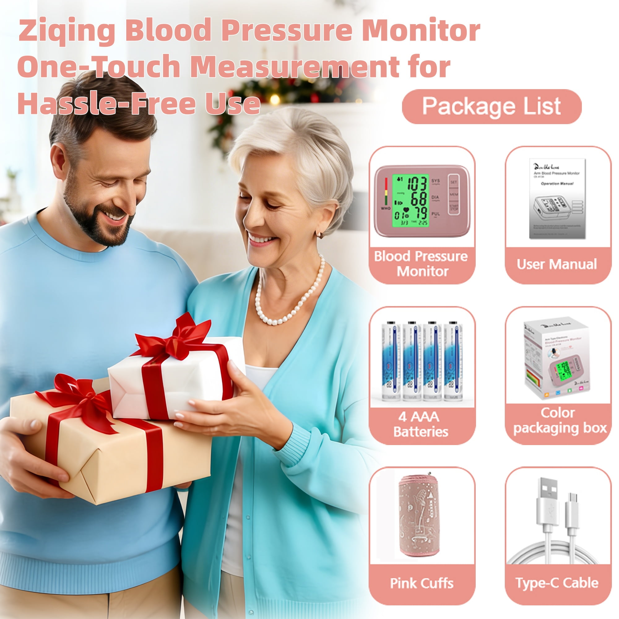 Automatic Blood Pressure Monitor, Upper Arm BP Machine with One-Touch Operation & Adjustable Cuff (8.7-16.5 Inches), High-Definition LCD Screen Digital BP Monitor for Home Use, Pink