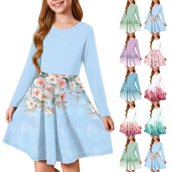 ADSSDQ Girls Long Sleeve Skater Dress Kids Casual Crewneck A-Line Flowy Fall Dresses School Party Dress for 11-12 Years Sky Blue