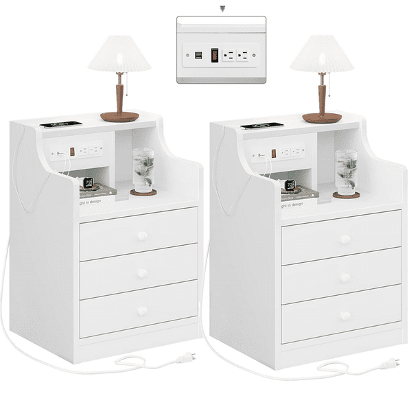 ADORNEVE Nightstand Set of 2 with Charging Station, 3 Drawers Night