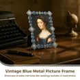 thumbnail image 3 of Vintage Blue Metal Picture Frame, 5 x 7 in Ornate Antique Blue Photo Frame, Horizontal & Vertical Display, Retro Decorative Photo Frame with Clear Panel & Velvet Back, Tabletop Shelf Decor, 3 of 6