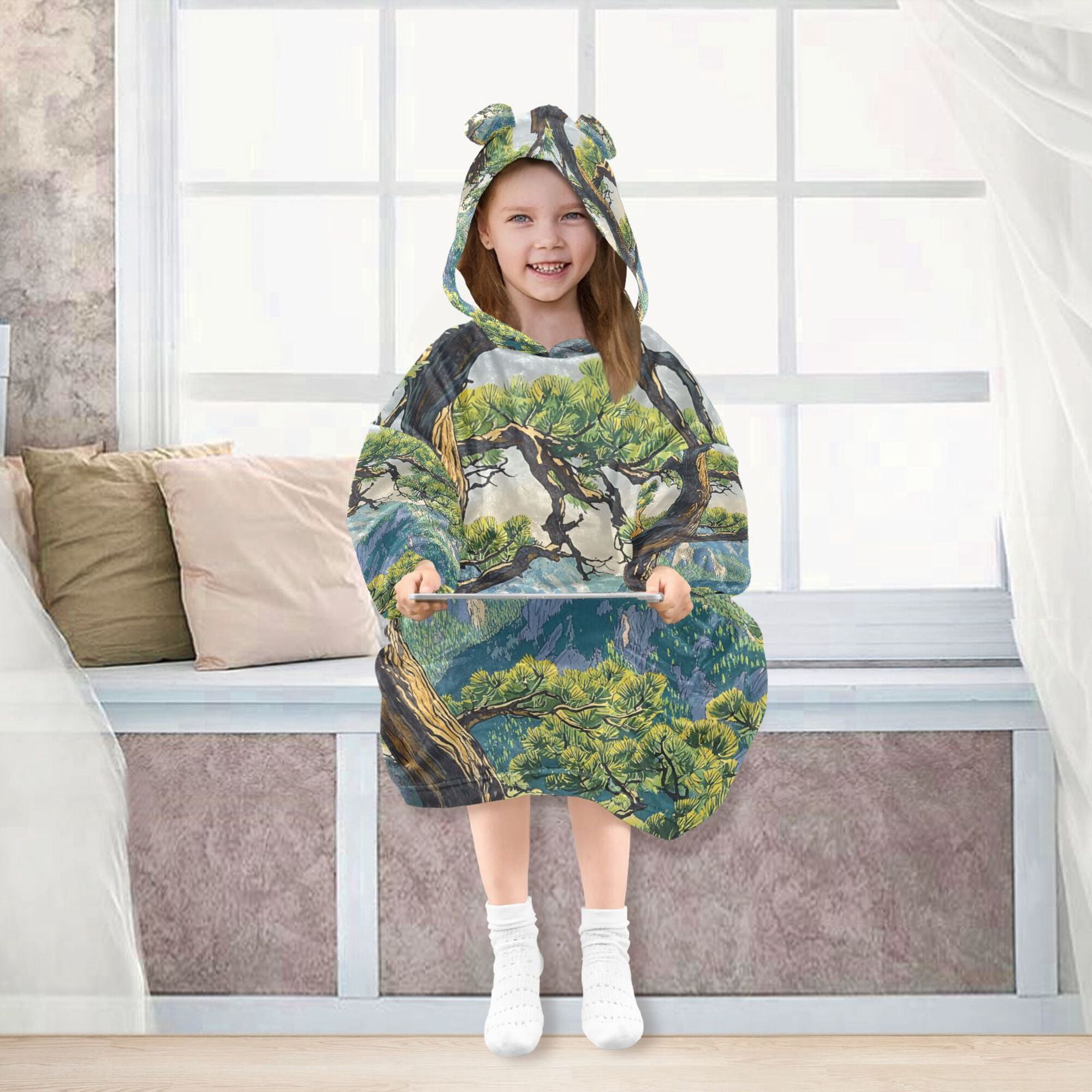 FORMRS Wearable Blanket Hoodie with Sleeves for Kids Cozy Flannel Sweatshirt, Pine Tree