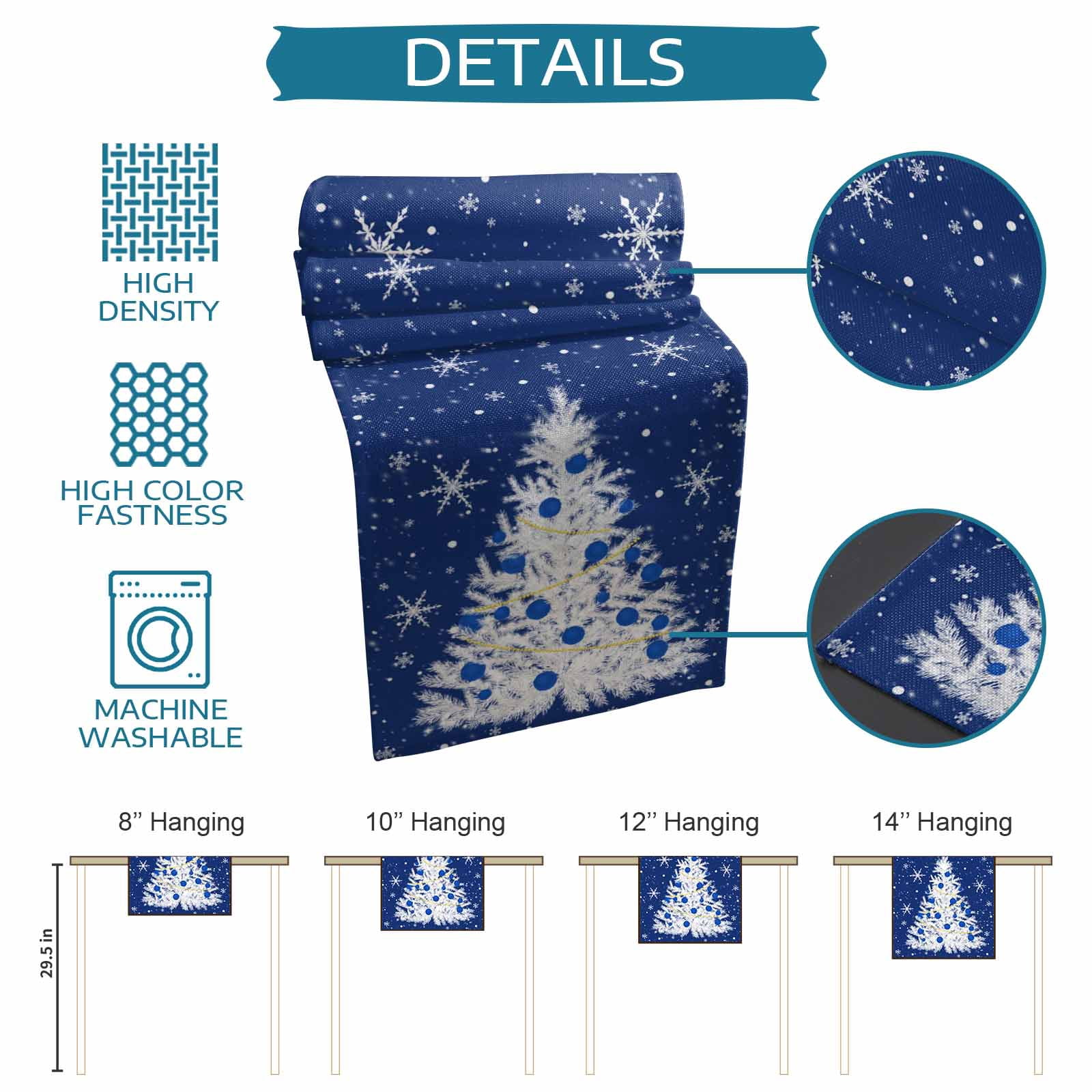 Ldtrchee Navy Blue Christmas Tree Table Runner 70 Inches, Balls Snowflake Xmas Tree Bed Runner Dresser Scarves Tabletop for Indoor Outdoor Parties/Ceremony/Banquet, 13" x 70"