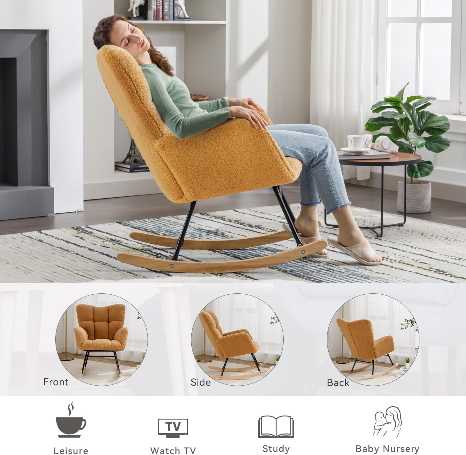 Rocking Chair Nursery Teddy Upholstered Glider Rocker High Backrest Nursery Rocker Comfortable Armchair