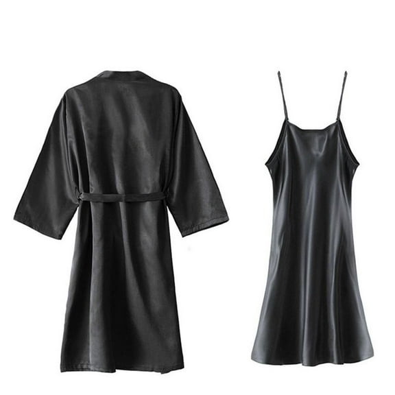 Defitshape Women's 2 Piece Robe Set Soft Chemise Nightgown Summer Satin Silk Bathrobe Lightweight Valentines Day Bridesmaid Black Small