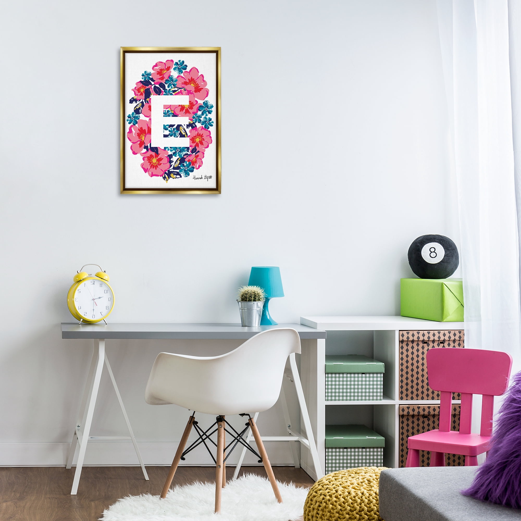 Stupell Industries Floral Bloom Letter E Botanical & Floral Painting Gold Floater Framed Art Print Wall Art, 17 x 25
