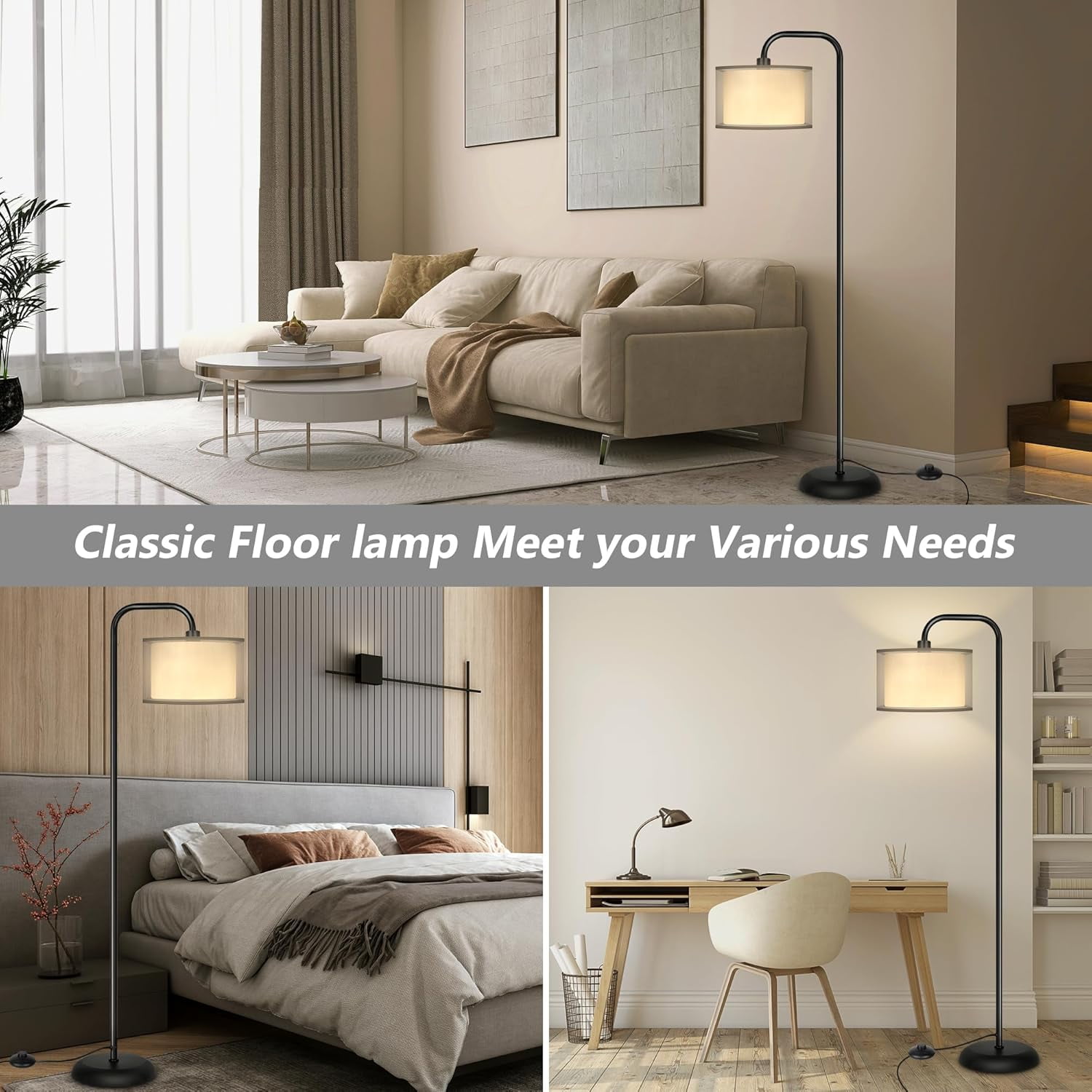 PARTPHONER LED Floor Lamp for Living Room, Modern Standing Lamp with Foot Switch Grey Organza Fabric Shade Tall Pole Reading Lamp for Bedroom Study Room Office, 9W Bulb Included
