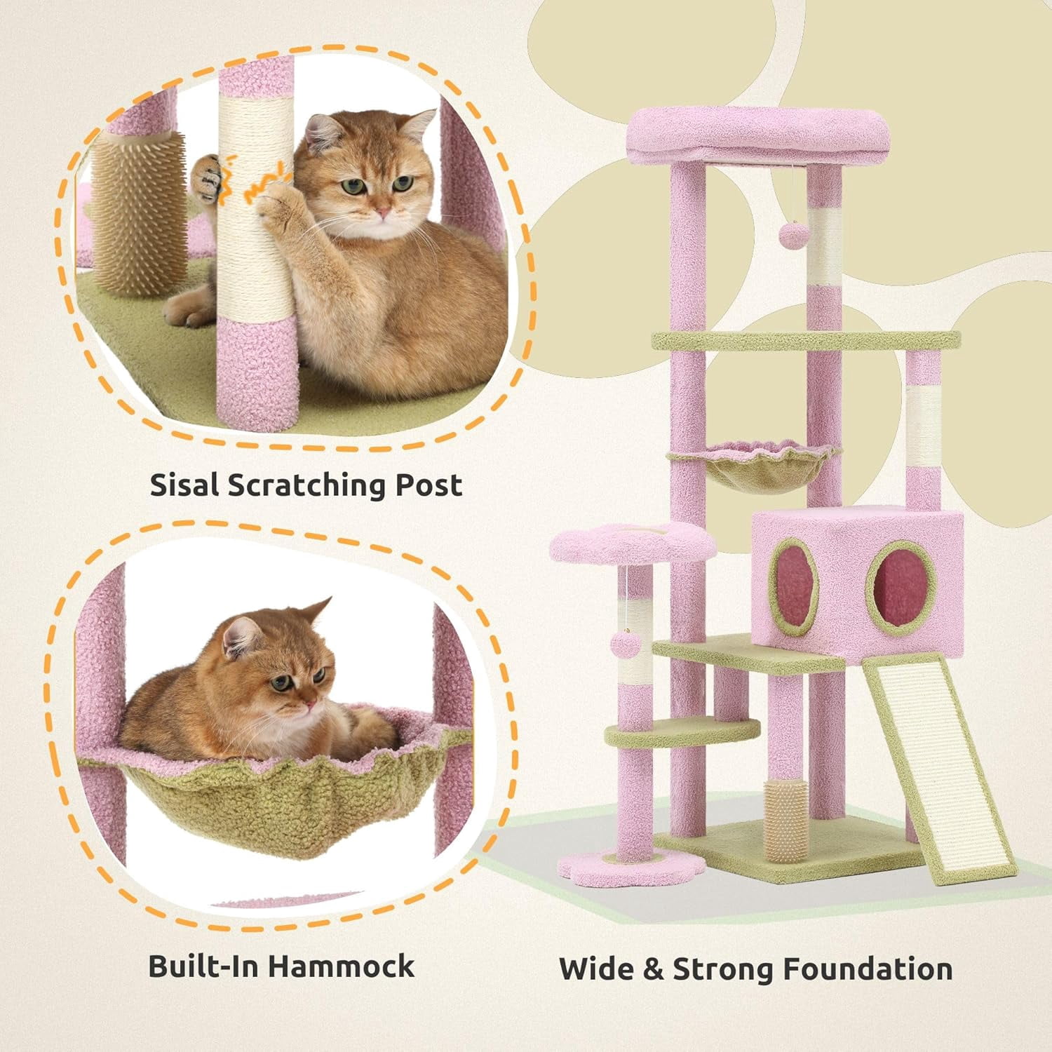 61" Tall Flower Cat Tree for Large Cats with Self-Grooming Brush, Climbing Tower for Indoor Kittens with Cat Condo, Top Perch, Basket, Sisal Scratching Posts and Dangling Ball