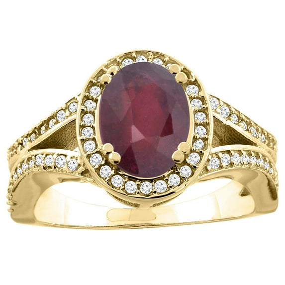 14k Yellow Gold Diamond Halo Genuine Quality Ruby Ring Split Shank Oval 8x6mm, size 7