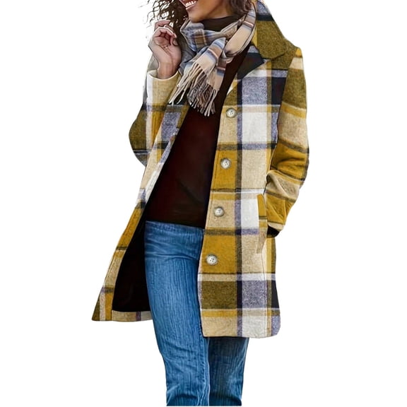Women's Mid Length Coat Button Down Lapel Plaid Peacoat Insulated Winter Fall Outercoats Yellow S