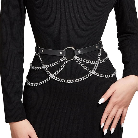LUOGENLI Gothic Layered Chain Waist Belt for Women, Leather O Ring Belt Fashion Body Accessory Black One Size