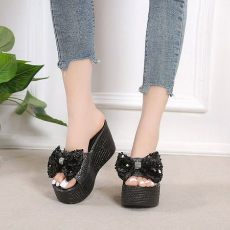 

Sandals for Women Aoujea Holiday Savings Thick Bottom Bow Tie Sequin Sloping Heel Women s Shoes With Breathable Beach Slippers Gray 7 on Clerance