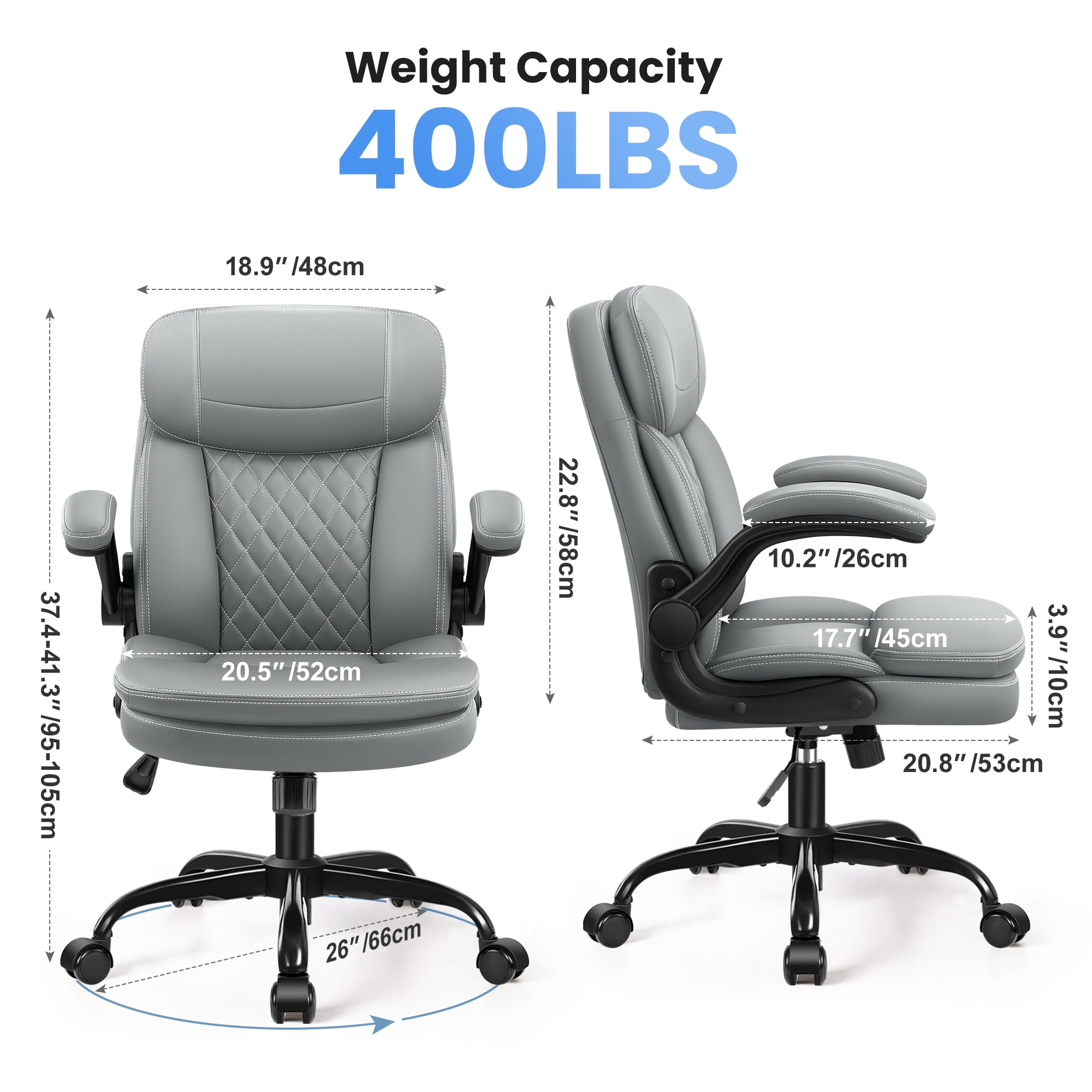 COOLHUT 400LBS Big and Tall Office Chair, Executive PU Leather Desk Chair Thick Seat Cushion and Neckrest, Support 8 Hours Heavy Duty Design, 8-Years Warranty, Gray