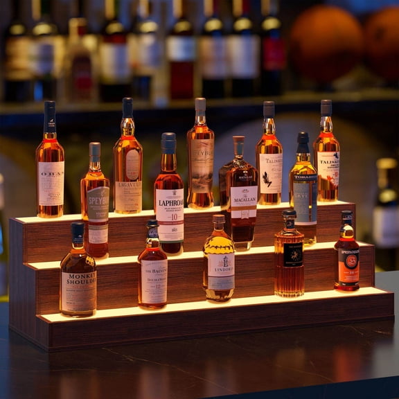 Kitchen Wine Racks LED Lighted Liquor Bottle Display Shelf, 37 Inch Bar Display Shelf, DIY Illuminated Bottle Shelf with App & Remote Control, 3 Step Freestanding Holding Bottles for Home Bar, Party