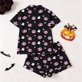 thumbnail image 4 of Women's Satin Halloween Pajamas Sets with Shorts Soft Button down Short Sleeve Shirts Wide Leg Shorts 2 Piece Pumpkin Printed Graphic Sleepwear Loungewear Pjs Set X_Black S, 4 of 8