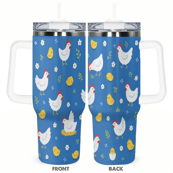 Cute Chicken Chick Blue Farmhouse 40oz Insulated Tumbler with Handle and Straw Travel Coffee Cup Car Cup Gift for Women