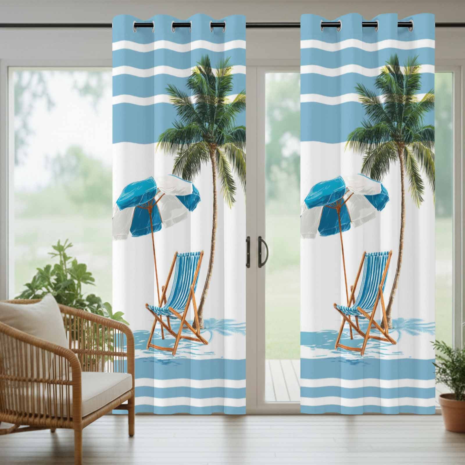 Summer Outdoor Curtains for Patio, Beach Scene Sun Umbrella Palm Trees Blue Stripes Modern Sunshade Privacy Drapes Grommet Waterproof Outside Curtains for Porch/Cabana/Balcony 54"x 108", 1 Panel