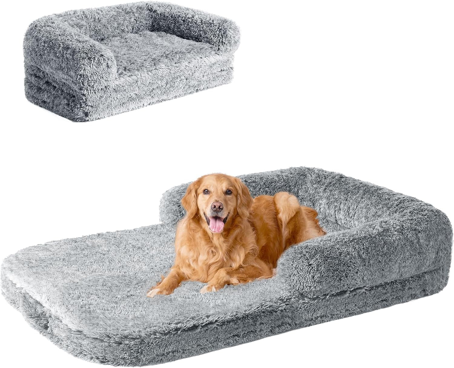 Foldable XXL Dog Bed for Large Sized Dog, 54"x38"x7.5" Faux Fur Fluffy Pet Couch Bed, Orthopedic Calming Memory Foam Big Pet Bed, Washable Pet Sofa Bed with Non-Slip Bottom, Black