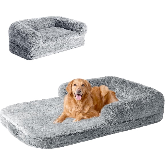 Foldable XXL Dog Bed for Large Sized Dog, 54"x38"x7.5" Faux Fur Fluffy Pet Couch Bed, Orthopedic Calming Memory Foam Big Pet Bed, Washable Pet Sofa Bed with Non-Slip Bottom, Grey