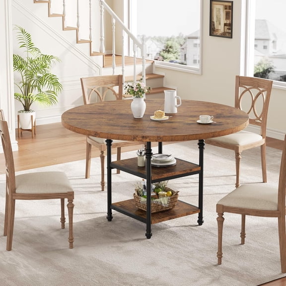 M optimized 47" Round Dining Table, Kitchen Table, Dinner Table with Storage Shelves & Roman Metal Legs for Dining Room, Kitchen, Living Room