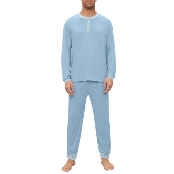Dwelliawo Mens Pajamas Sets Long Sleeve Shirts And Casual Pants Lightweight Soft Comfort Sleepwear Pjs Plus Size Loungewear Light Blue XL