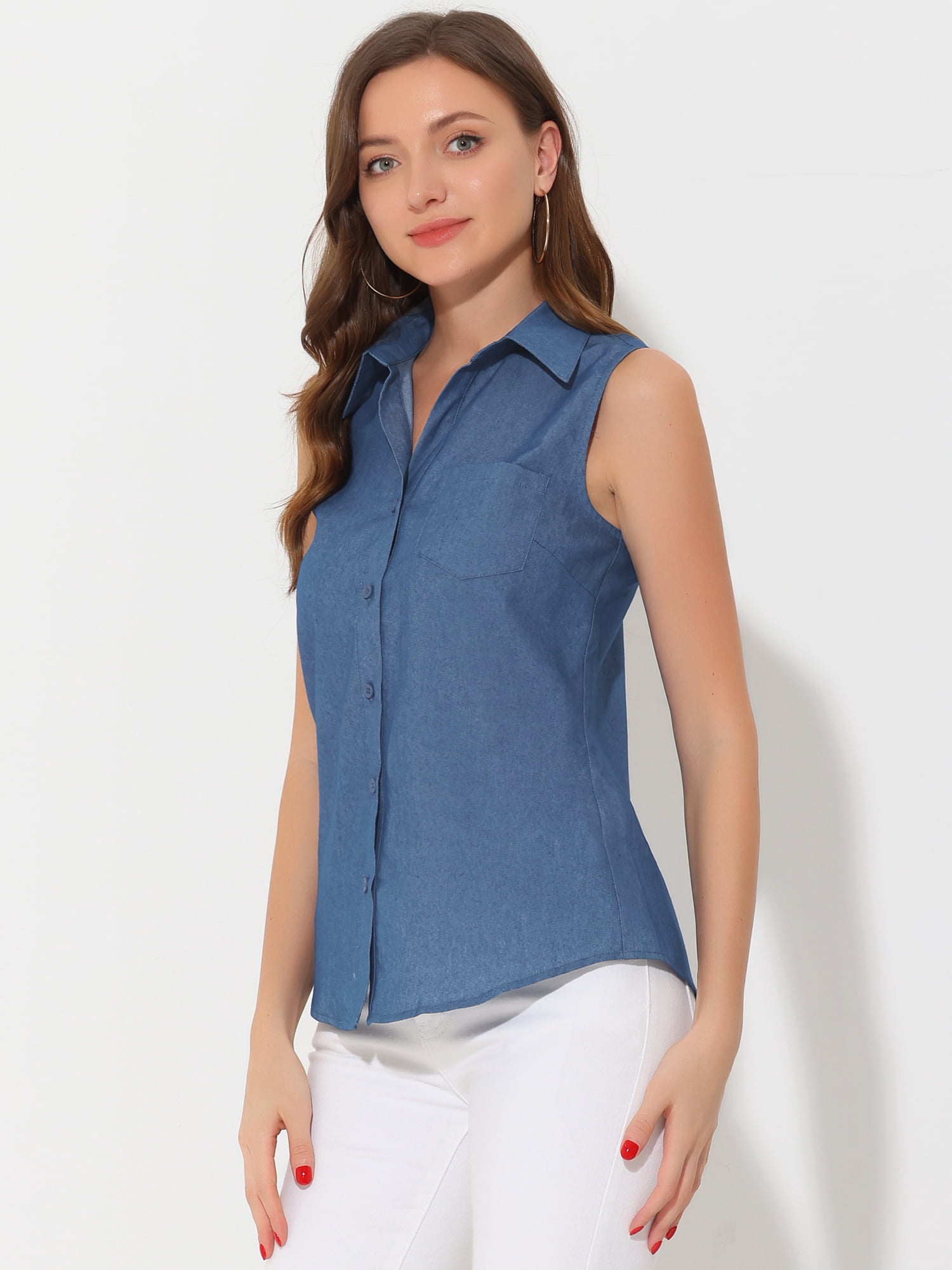 DARING DIVA Women's Sleeveless Lapel V Neck Chambray Tunic Denim Tops 2XL Blue
