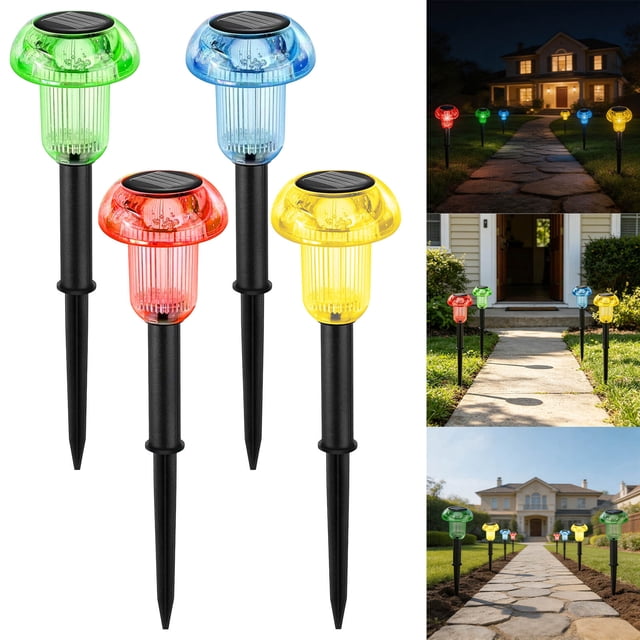 Luces solares de jardín multicolor con proyección de coloridos mandalas, luces LED decorativas para exteriores en forma de hongo, resistentes al agua, para caminos, paquete de 4 unidades.