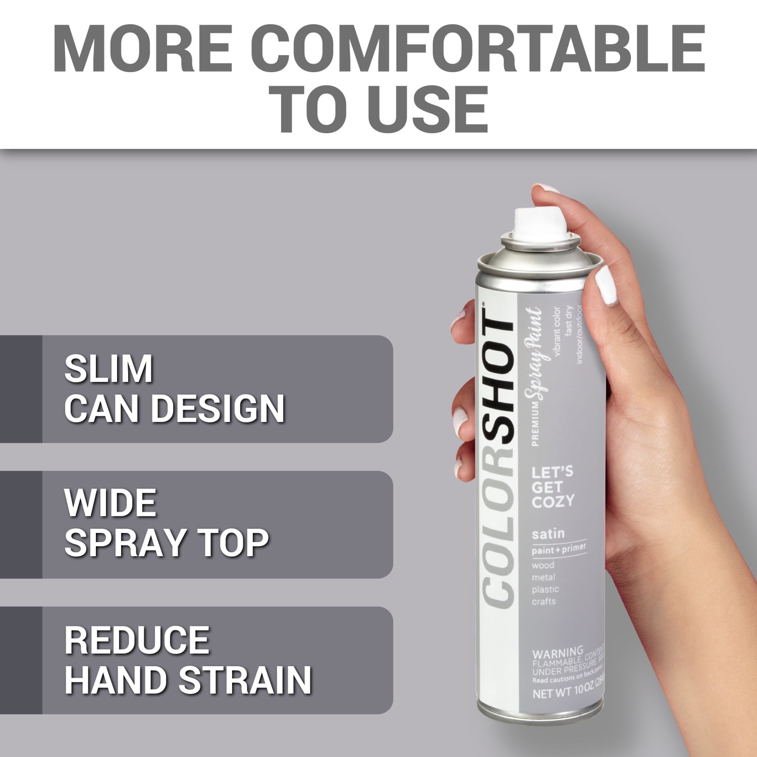 COLORSHOT Satin Spray Paint, Let's Get Cozy (Light Gray) 10 oz. 4 Pack, Fast-Drying Acrylic Paint, Indoor & Outdoor Use