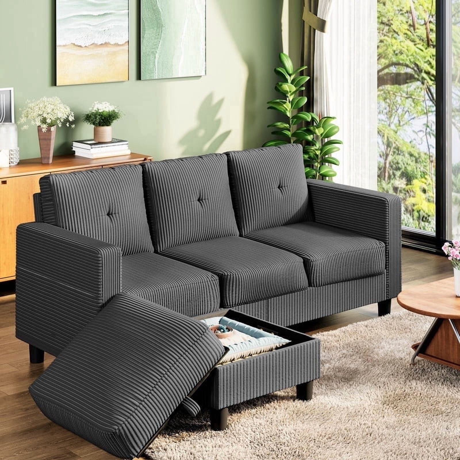Walsunny 76.4" Convertible Sectional Sofa, L Shaped Sectional Sofa with Side Pocket, 3 Seat Sofa Couch with Storage Ottoman for Small Living Room, Apartment, Bedroom, Dark Gray