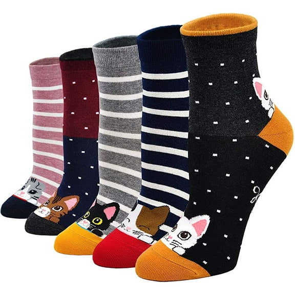 AMITOFO Cat Socks Womens Cute Animal Ankle Socks Novelty Funny Crew Sock Ladie Girls Soft Cotton Quarter Socks, 5 Pairs