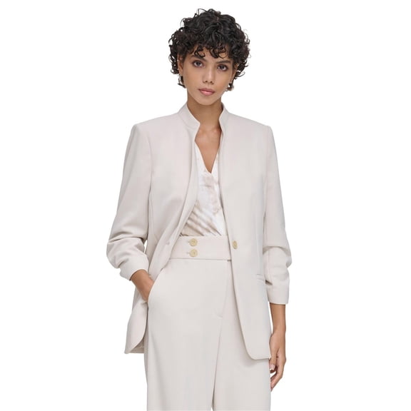 Calvin Klein Womens Ruched-Sleeve Blazer Jacket, Beige, 14