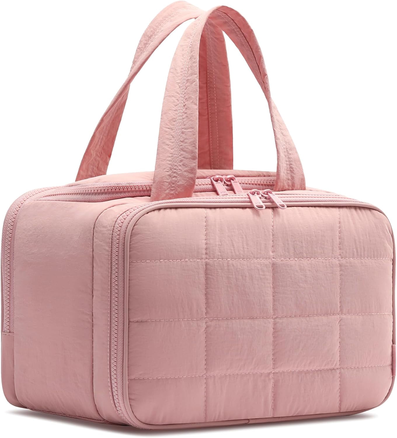 Travel Toiletry Bag, Puffy Wide-open Quilted Makeup Bag for Women,Lightweight Cosmetic Travel Bag Organizer with Handle for Traveling, Accessories, Essentials Toiletries Beige