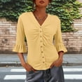 thumbnail image 2 of Women's Solid Color Pleated Trumpet Sleeve Top T-Shirt Blouse Summer Casual Daily Wear Crewneck Mid Sleeve Fashion Essential Gift for Women | Aestivo,Beige L, 2 of 9