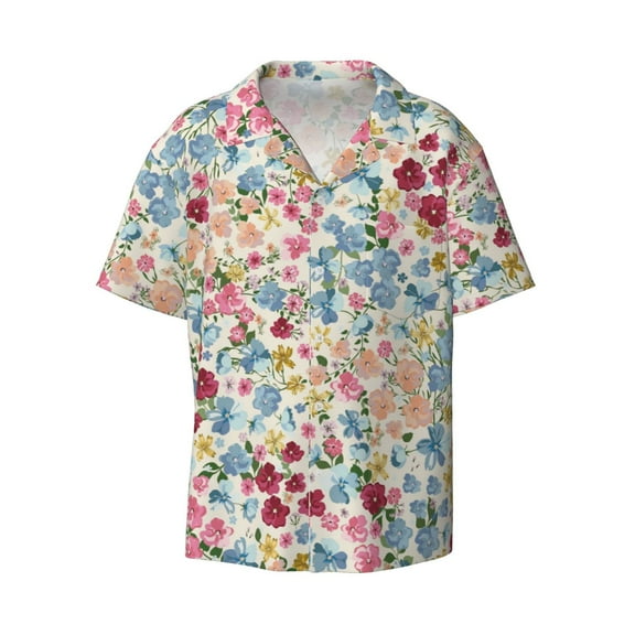Naloa Trendy Floral Design Men's Loose Fit Cuban Collar Short-Sleeve Shirt with Button-down and Chest Pocket for Everyday Wear Outings - Small