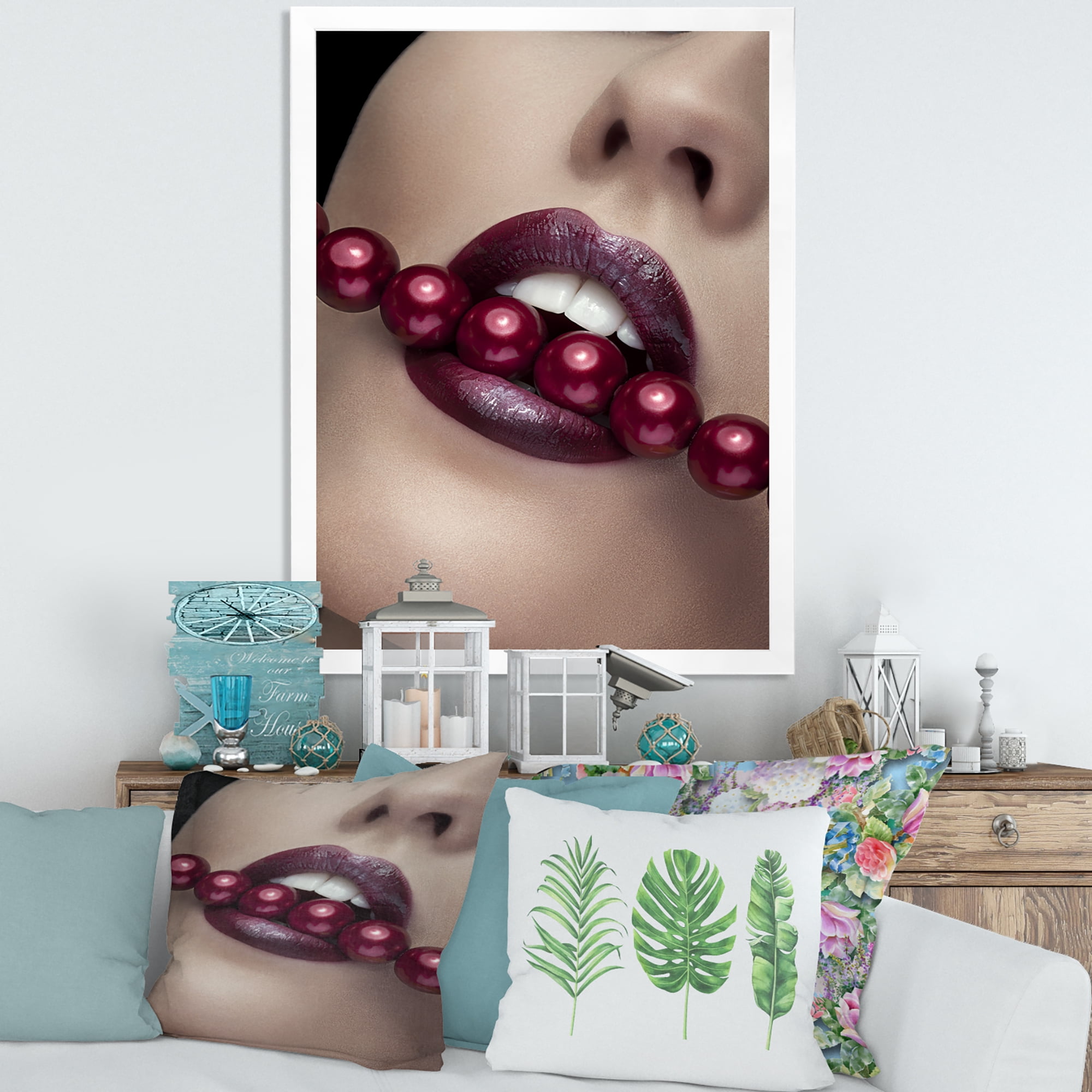 Designart 'Girl Bitting With Red Lips With Red Pearls' Modern Framed Art Print