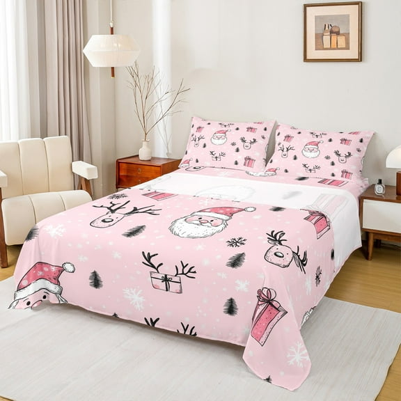 Feelyou Cartoon Santa Claus Twin Sheet Sets, Reindeer Snowflake Twin Fitted Sheet, Merry Christmas Gift Flat Sheet, Ultra Soft Home Decor,3 Pieces