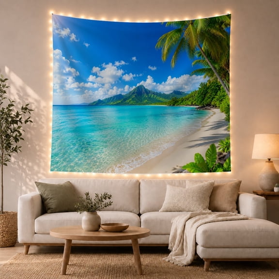 Ocean Waves Tropical with Beach Main Pristine Sand, Mystical Fantasy for Space Lovers, Galaxy Room Decor, Housewarming Gift, Tapestry Wall Hanging for Bedroom and Dorm