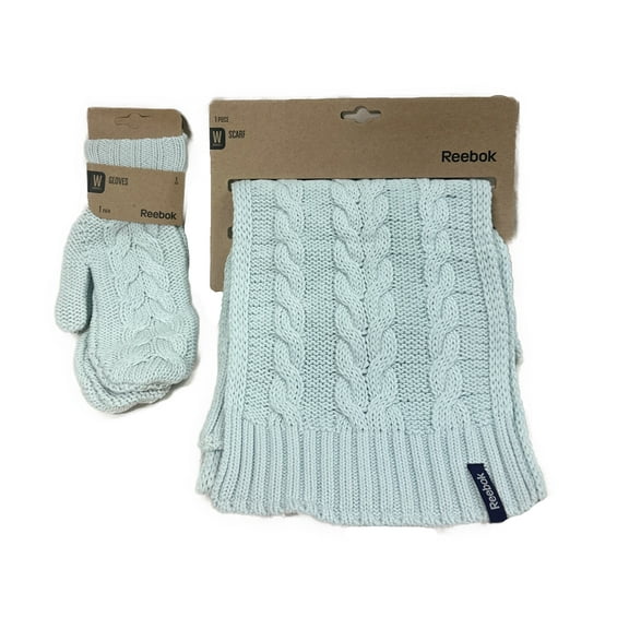 REEBOK Large Knitted Scarf & Small Mitten Gloves SET Woolen Thick Cosy High Quality Turquoise