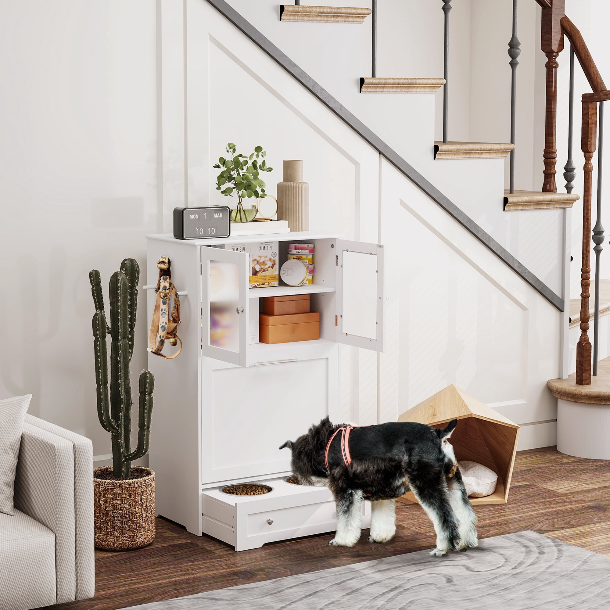 PawHut Dog Feeding Station with 2 Storage Cabinets, Pet Feeding Station with 2 Elevated Dog Bowls, Side Hooks, Anti-tip Kit, for Feeding & Watering