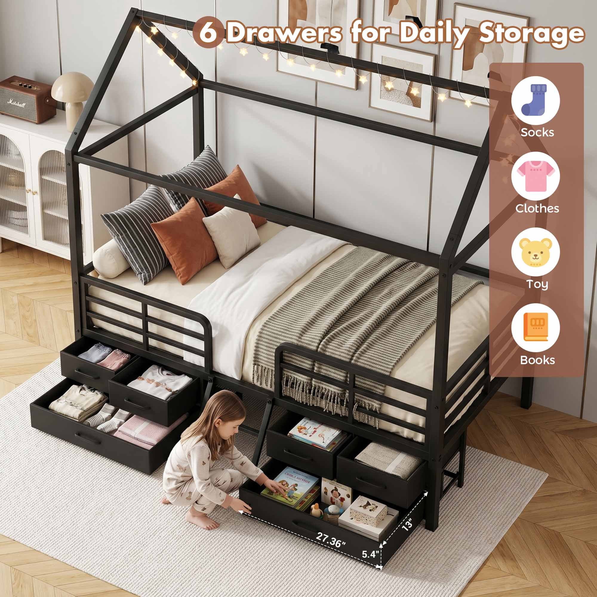 Miniyam Twin House Bed Frame with 6 Storage Drawers and Star Moon Lights, Metal Platform Bed, Black