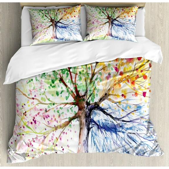 Tree Duvet Cover Set, Watercolor Nature Colorful Blooming Branches 4 Seasons Themed Illustration Print, Decorative 3 Piece Bedding Set with 2 Pillow Shams, Calking Size, Multicolor, by Ambesonne