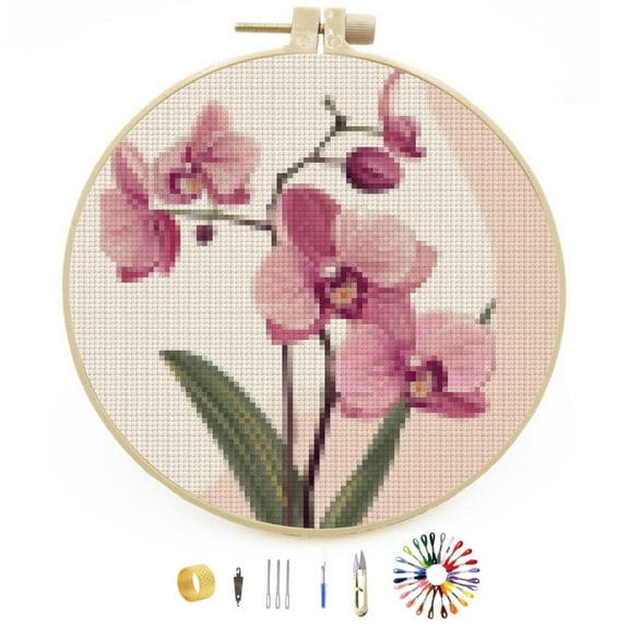 DIY Stamped Cross Stitch Kits Orchid Flower Easy for Beginners with Hoop 11CT Counted Embroidery Needlepoint Crafts Arts for Handmade Enthusiasts and Home Decor 30x30cm(3)