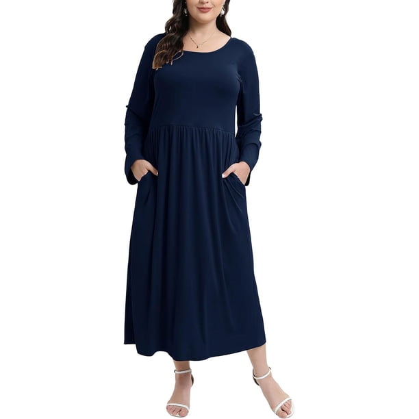 CZRLHYT Vestidos de talla grande de manga larga para mujer | Vestido largo de talla grande con bolsillos | Vestido floral informal de talla grande