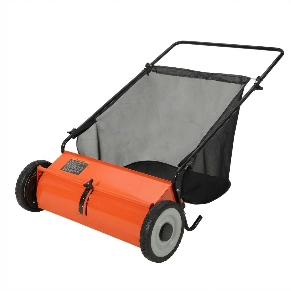 26-Inch Push Leaf Collector, 7 Cubic Feet Hopper Lawn Sweeper with 4 Rotating Brushes, Heavy-Duty Steel Frame for Yard/Driveway/Patio Cleaning, Orange