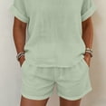 thumbnail image 6 of Gamivast 2 Piece Summer Outfits for Women Casual Linen Textured Short Sleeve Top and Drawstring Shorts Set Loose Fit Matching Lounge Sweatsuits Vacation Streetwear Pajamas Green L, 6 of 7