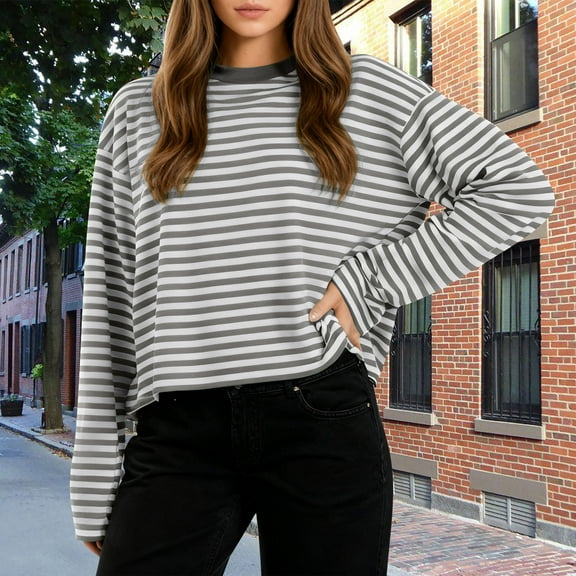 Neewe Women Oversized Striped Crewneck Tops Long Sleeve Color Block Lightweight Pullover Tops Casual Loose Workout Shirt